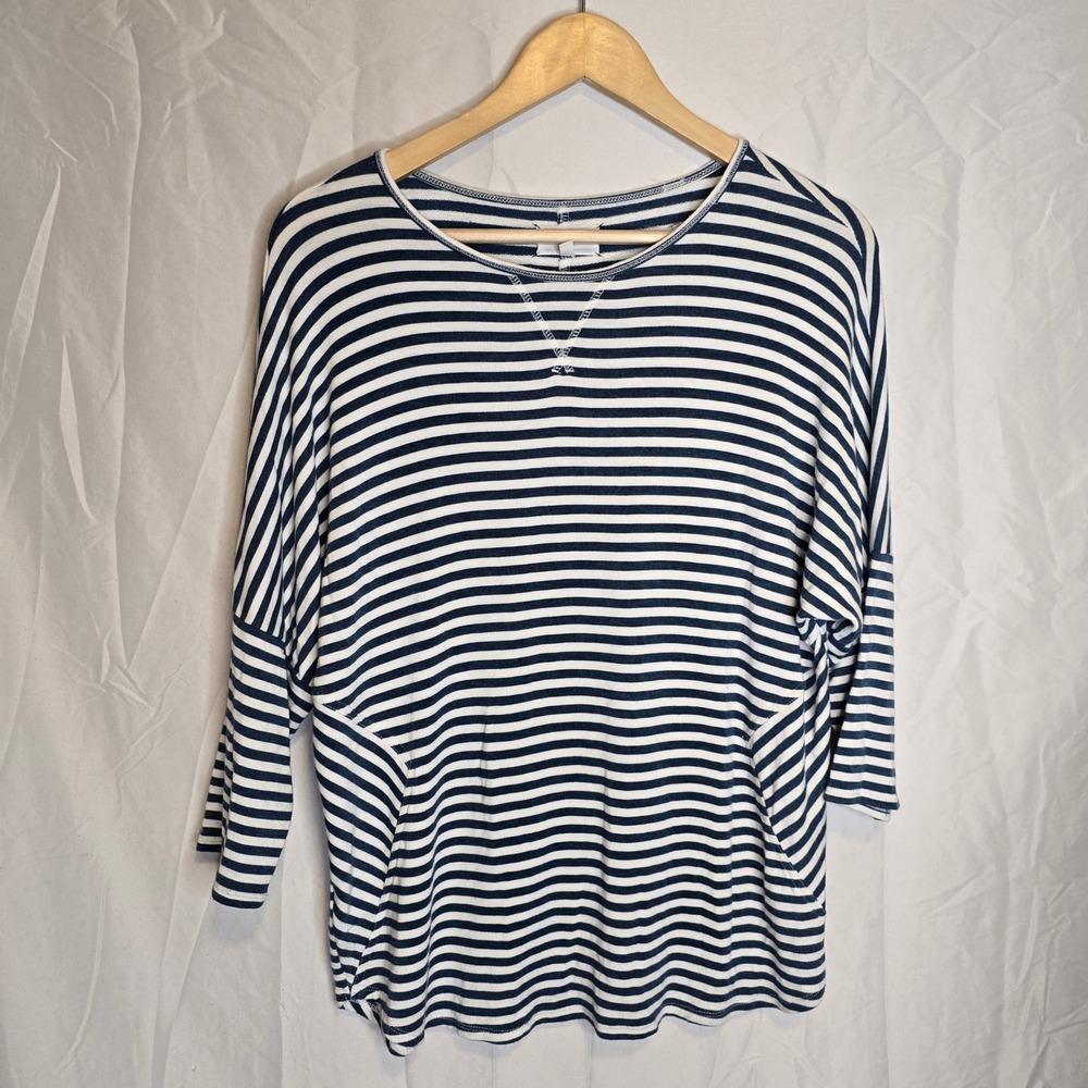 Lou & Grey Striped Dolman Sleeve Top Women M Navy White Rayon Nautical Coastal